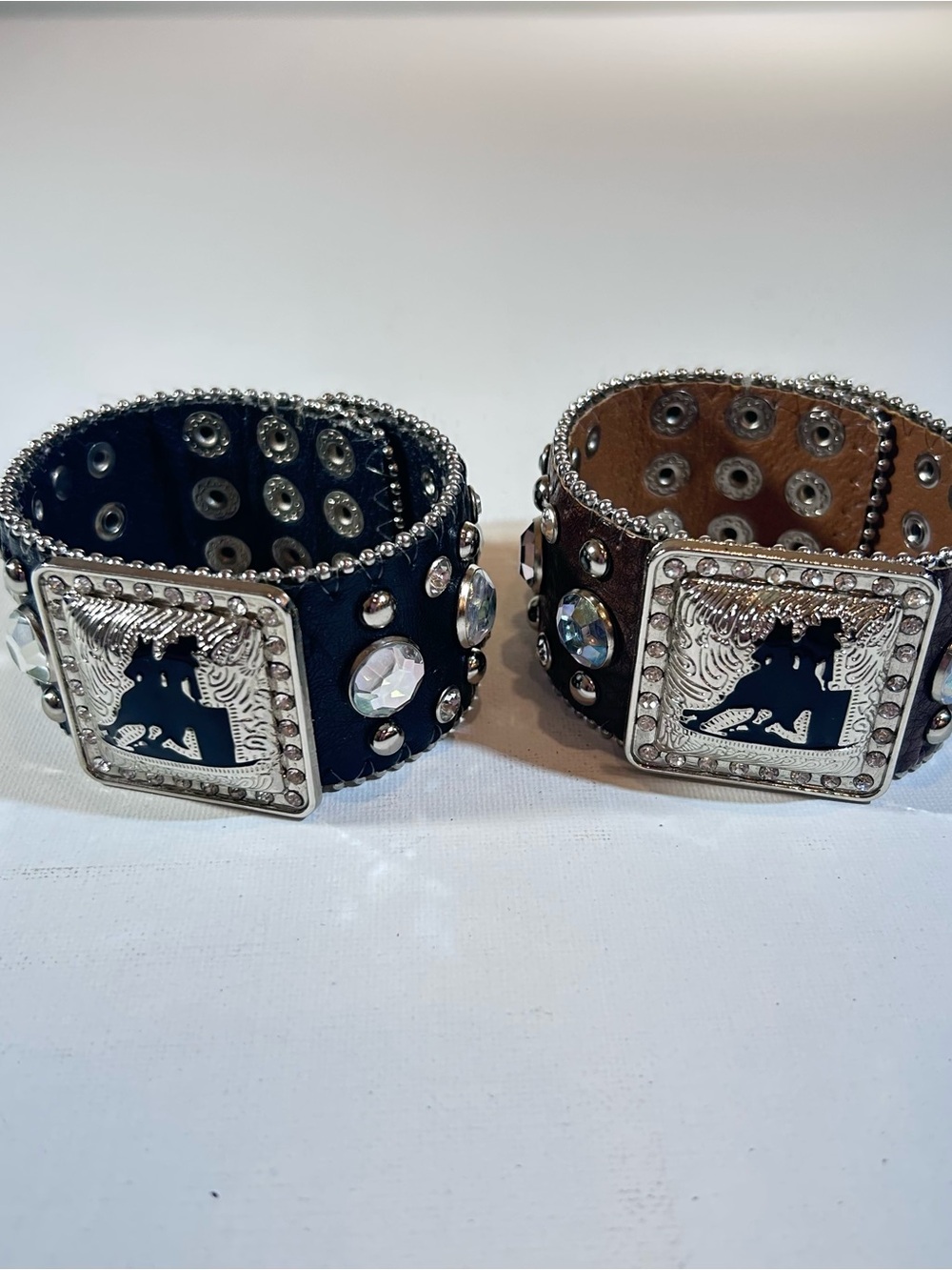 Set of 2 Western Cowgirl Rhinestone Cuff Bracelets – Black & Brown